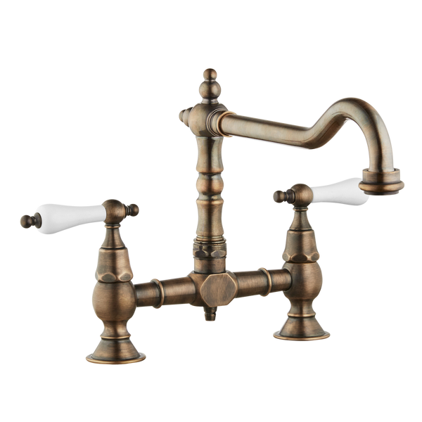 Brunel - Old English Bridge Sink Mixer - Porcelain Levers - Chrome / Porcelain Lever