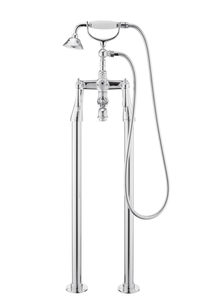 Traditional Bath Shower Mixer On Pipe Stands - Porcelain Lever