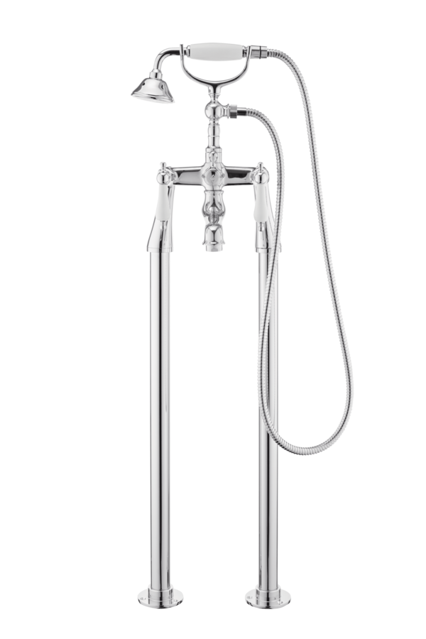Traditional Bath Shower Mixer On Pipe Stands - Porcelain Lever