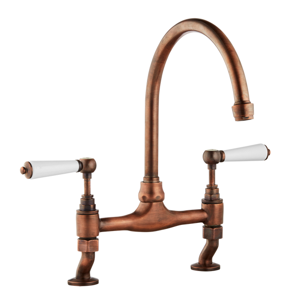 Traditional Kitchen Mixer Tap - Porcelain Levers - Antique Copper / Porcelain