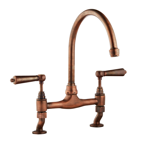 Traditional Kitchen Mixer Tap - Porcelain Levers - Antique Copper / Porcelain