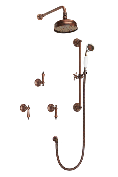 Art Deco Shower System With Arm Rose Diverter & Slide Bar Handshower - Metal Levers